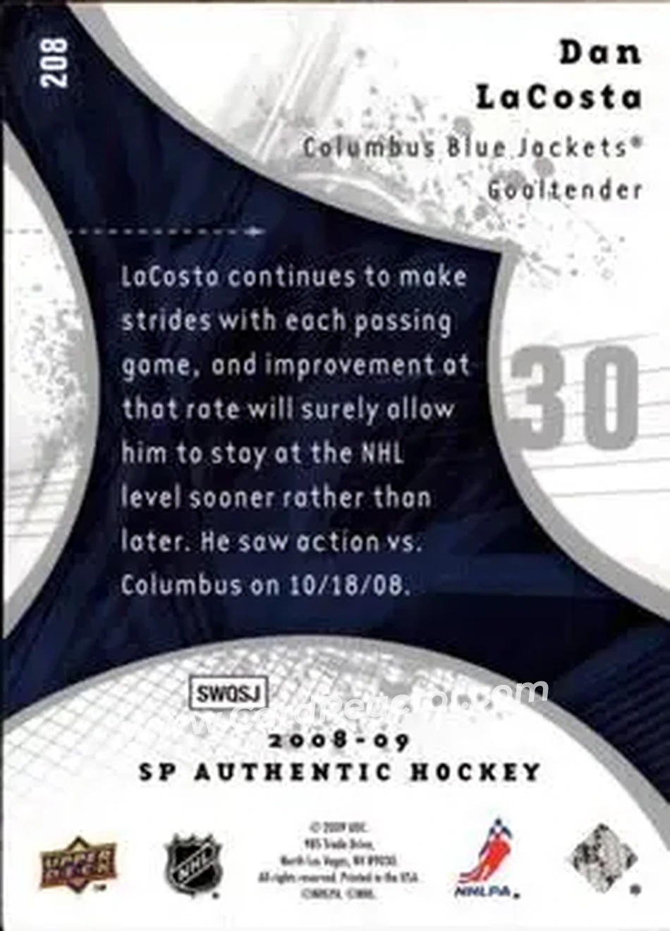2008-09 SP Authentic #208 - Dan LaCosta - Columbus Blue Jackets - Back
