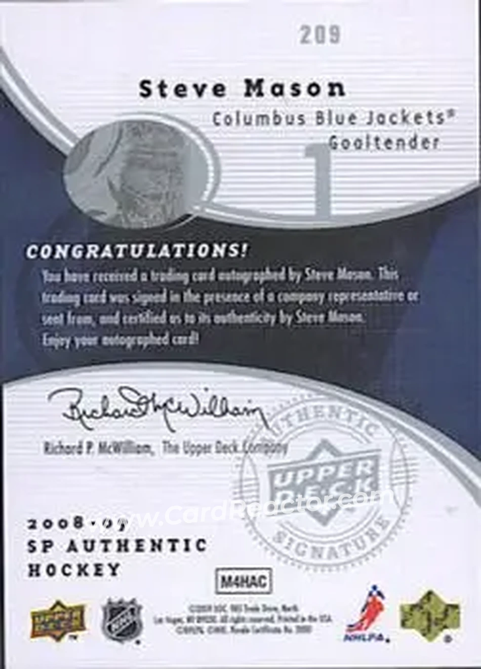 2008-09 SP Authentic #209 - Steve Mason - Columbus Blue Jackets - Back 2008-09 SP Authentic #209 - Steve Mason - Columbus Blue Jackets - Back
