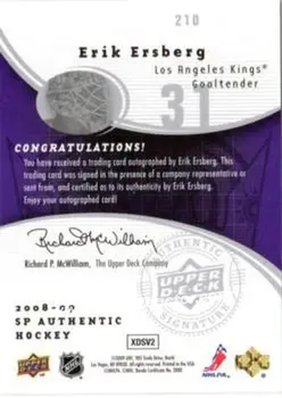 2008-09 SP Authentic #210 - Erik Ersberg - Los Angeles Kings - Back 2008-09 SP Authentic #210 - Erik Ersberg - Los Angeles Kings - Back