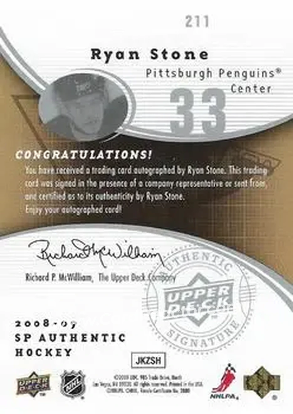 2008-09 SP Authentic #211 - Ryan Stone - Pittsburgh Penguins - Back 2008-09 SP Authentic #211 - Ryan Stone - Pittsburgh Penguins - Back