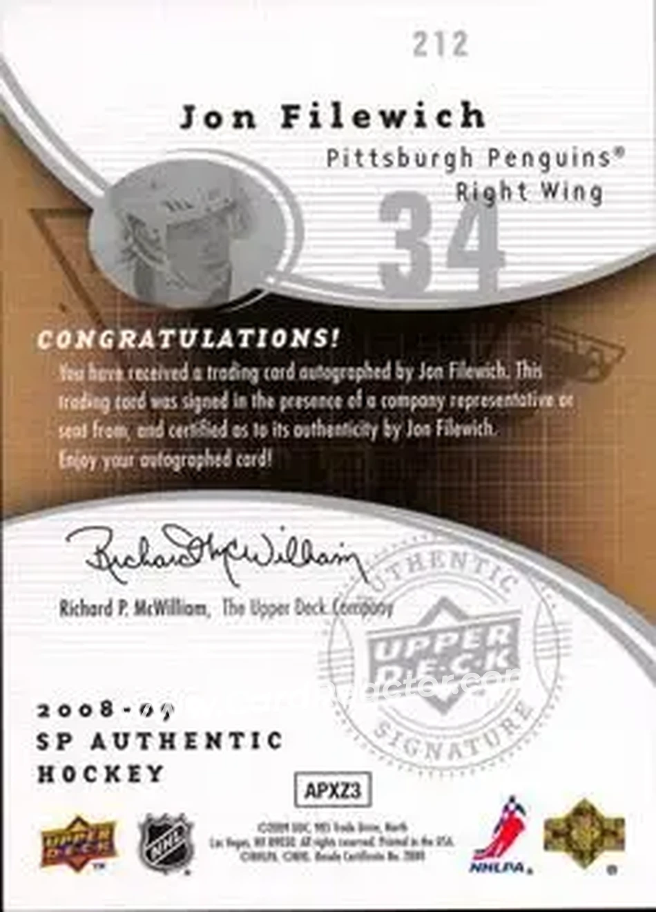 2008-09 SP Authentic #212 - Jon Filewich - Pittsburgh Penguins - Back