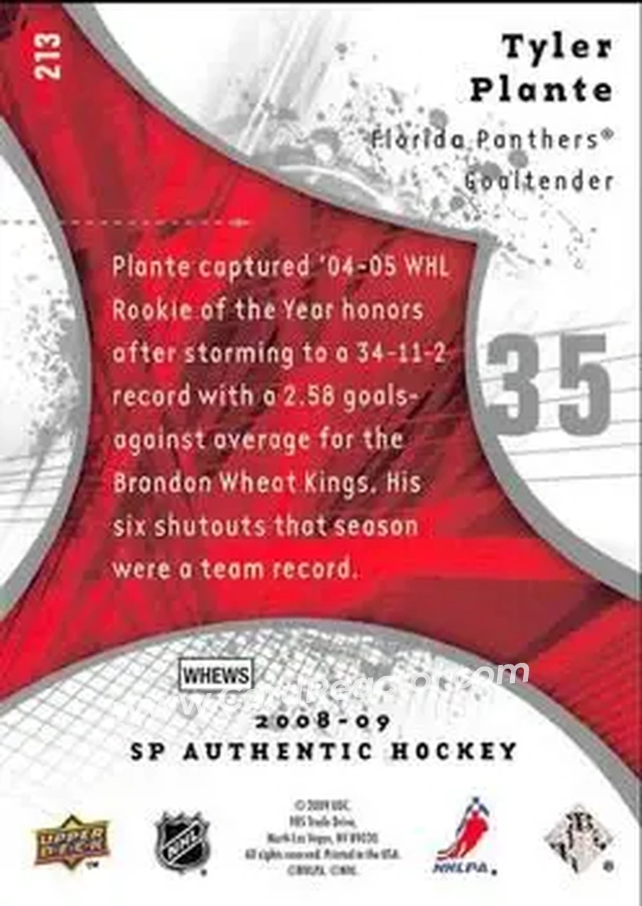2008-09 SP Authentic #213 - Tyler Plante - Florida Panthers - Back