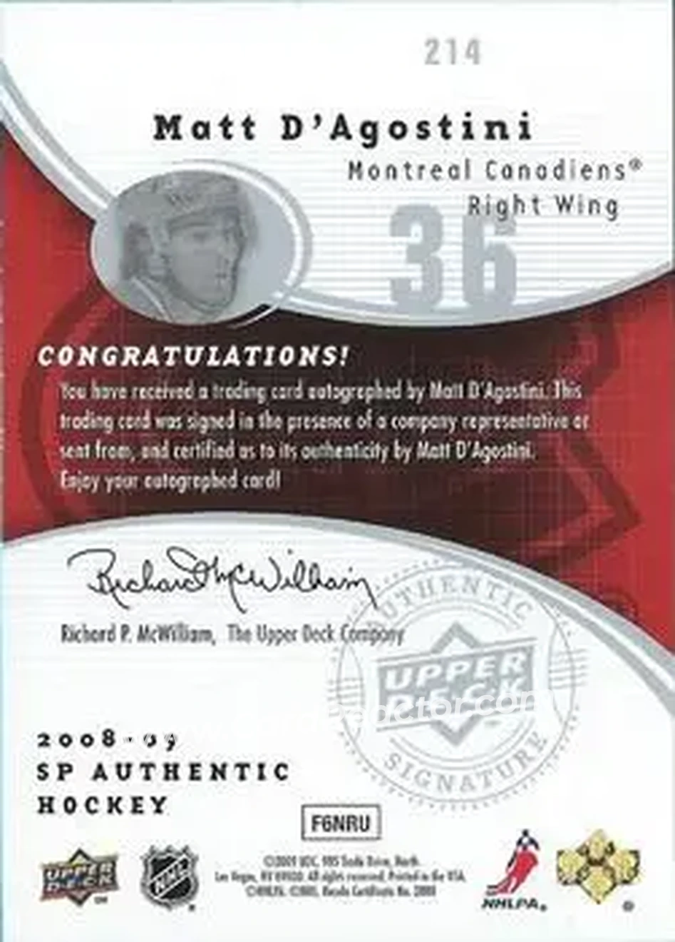 2008-09 SP Authentic #214 - Matt D'Agostini - Montreal Canadiens - Back