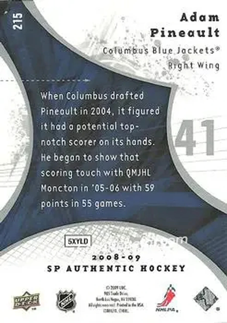 2008-09 SP Authentic #215 - Adam Pineault - Columbus Blue Jackets - Back 2008-09 SP Authentic #215 - Adam Pineault - Columbus Blue Jackets - Back