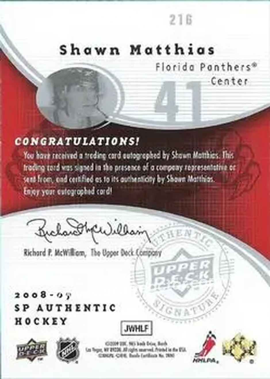 2008-09 SP Authentic #216 - Shawn Matthias - Florida Panthers - Back