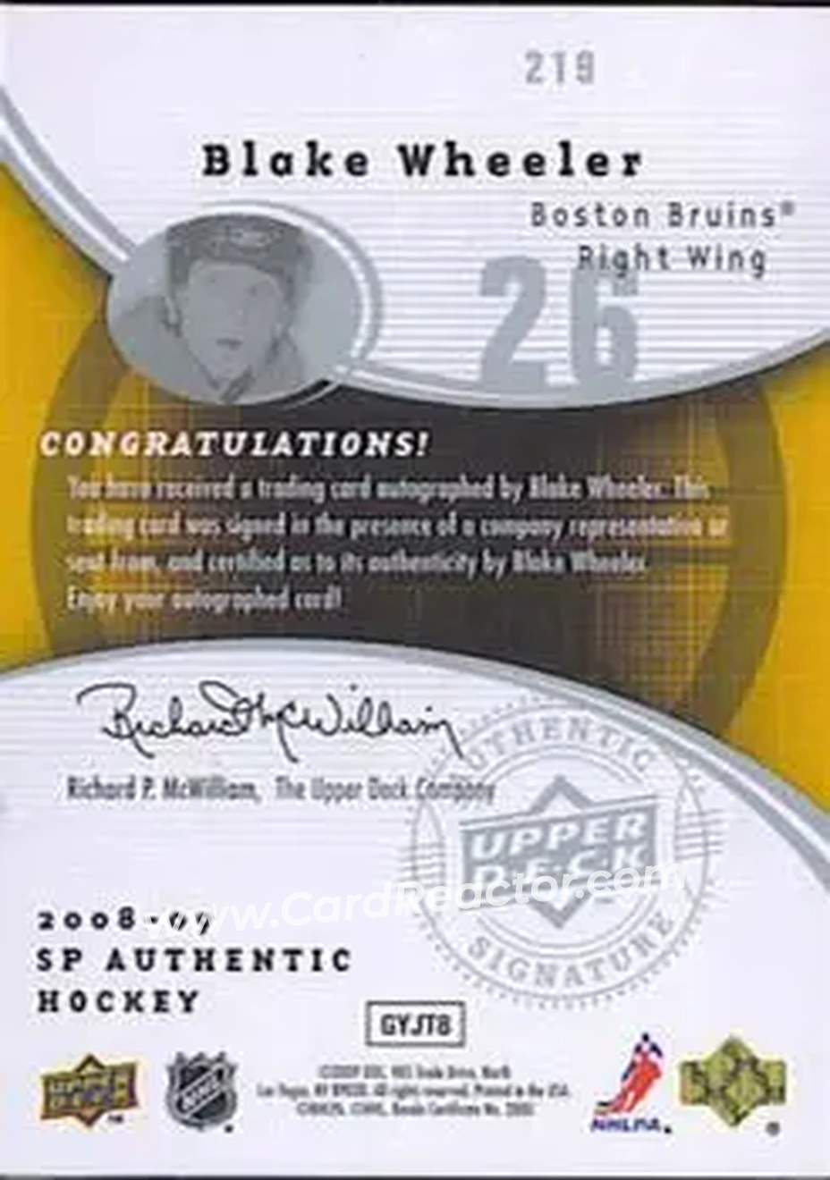 2008-09 SP Authentic #219 - Blake Wheeler - Boston Bruins - Back