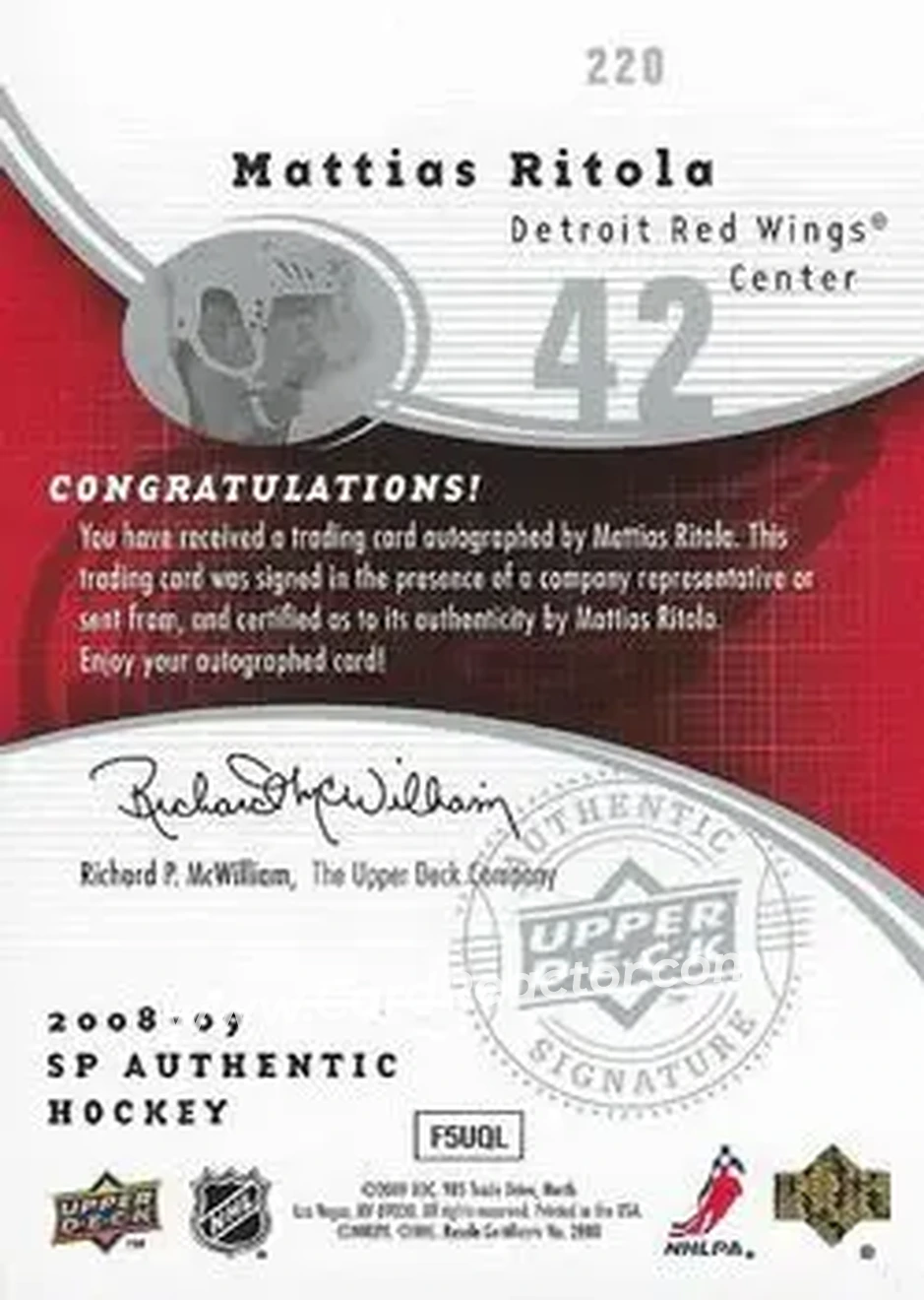 2008-09 SP Authentic #220 - Mattias Ritola - Detroit Red Wings - Back