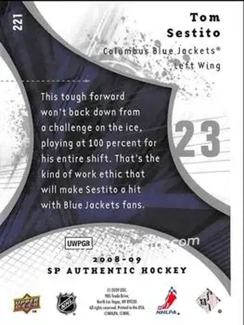 2008-09 SP Authentic #221 - Tom Sestito - Columbus Blue Jackets - Back 2008-09 SP Authentic #221 - Tom Sestito - Columbus Blue Jackets - Back