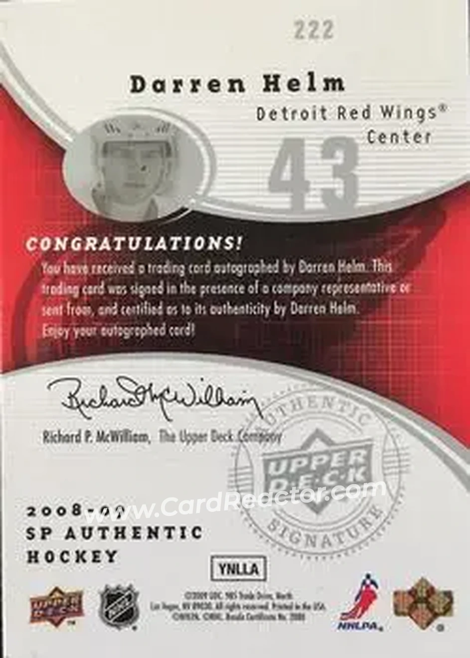 2008-09 SP Authentic #222 - Darren Helm - Detroit Red Wings - Back