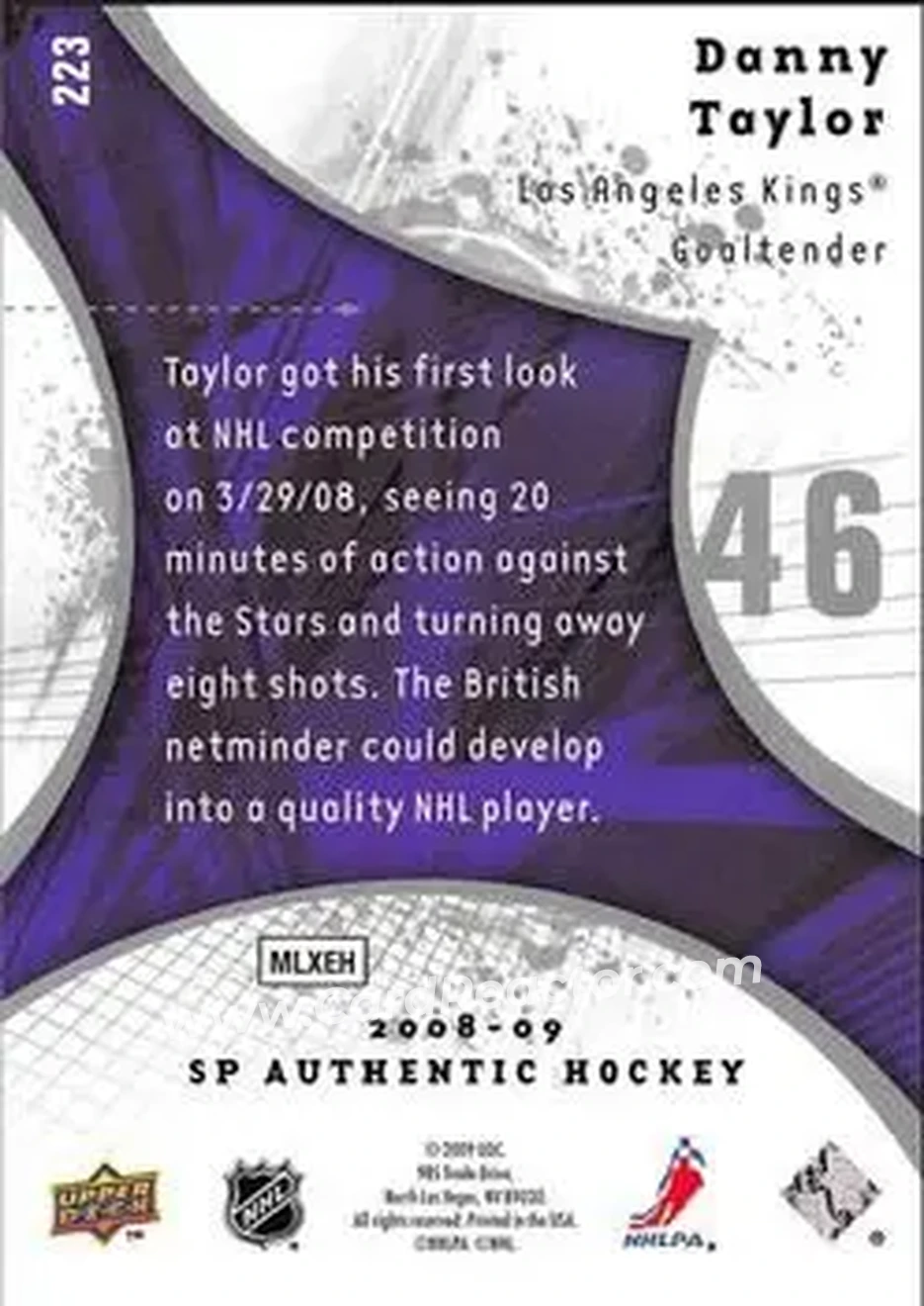 2008-09 SP Authentic #223 - Danny Taylor - Los Angeles Kings - Back
