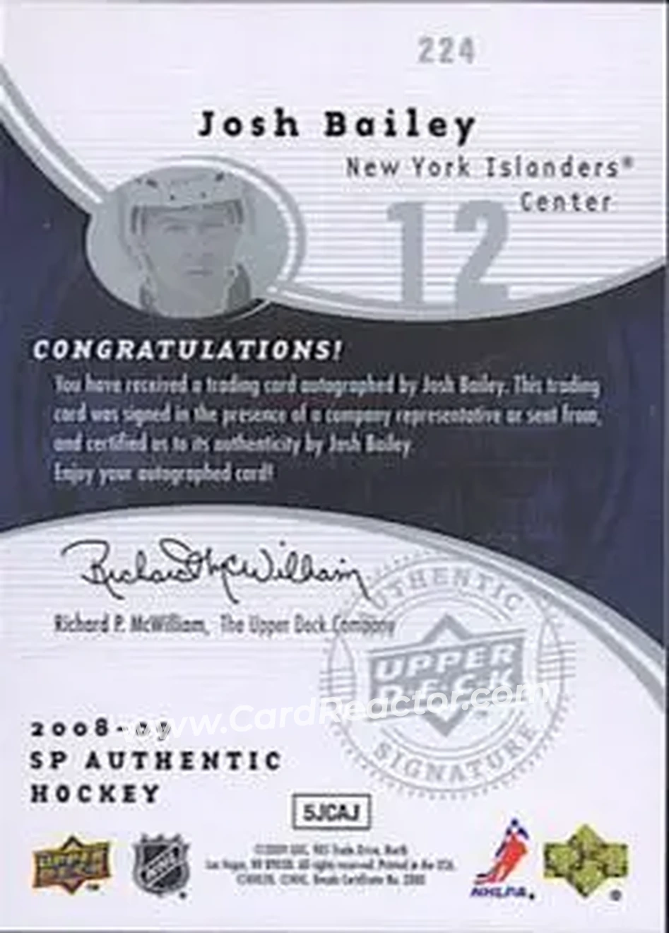 2008-09 SP Authentic #224 - Josh Bailey - New York Islanders - Back 2008-09 SP Authentic #224 - Josh Bailey - New York Islanders - Back