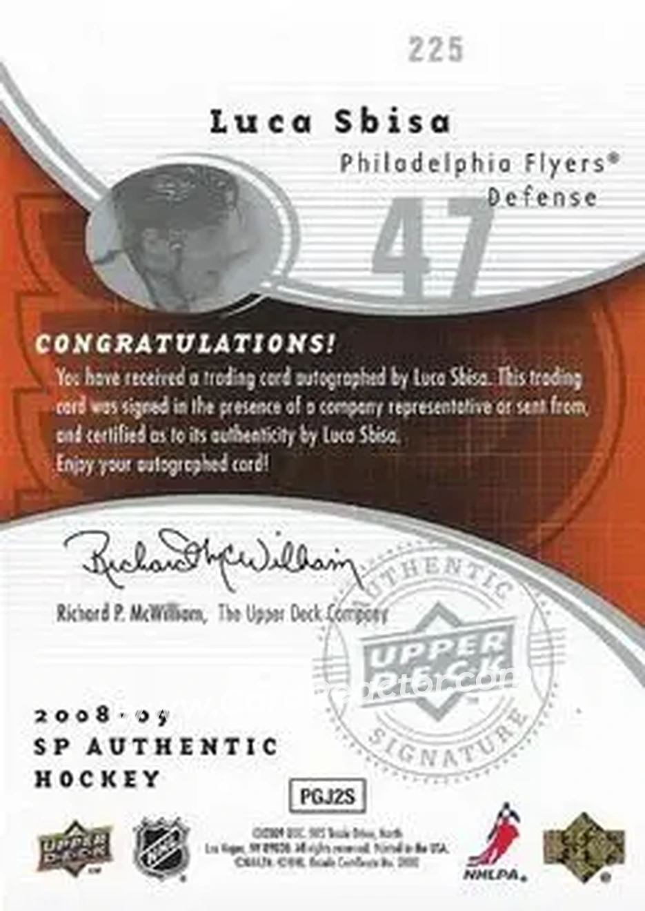 2008-09 SP Authentic #225 - Luca Sbisa - Philadelphia Flyers - Back 2008-09 SP Authentic #225 - Luca Sbisa - Philadelphia Flyers - Back