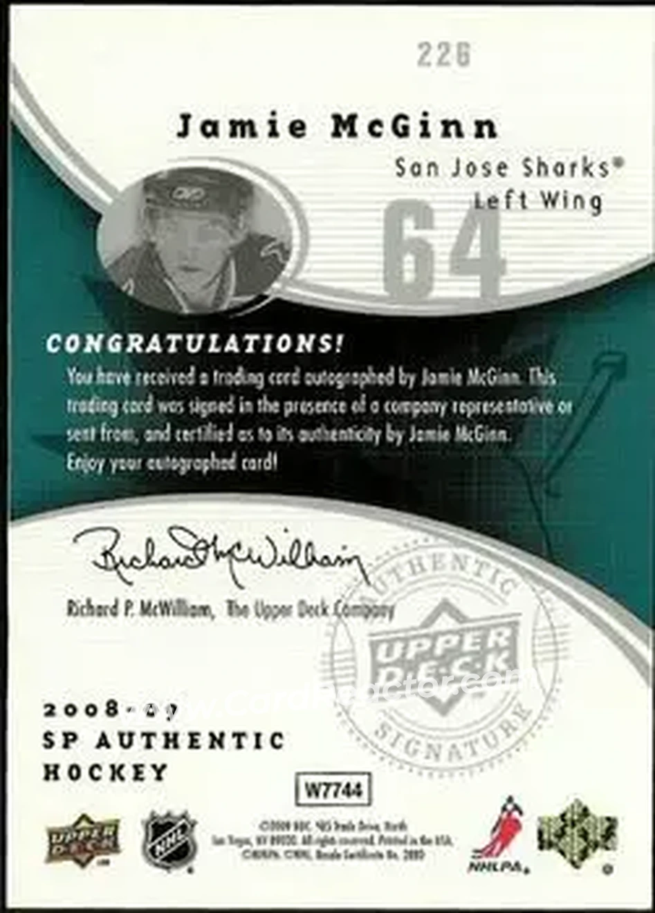 2008-09 SP Authentic #226 - Jamie McGinn - San Jose Sharks - Back