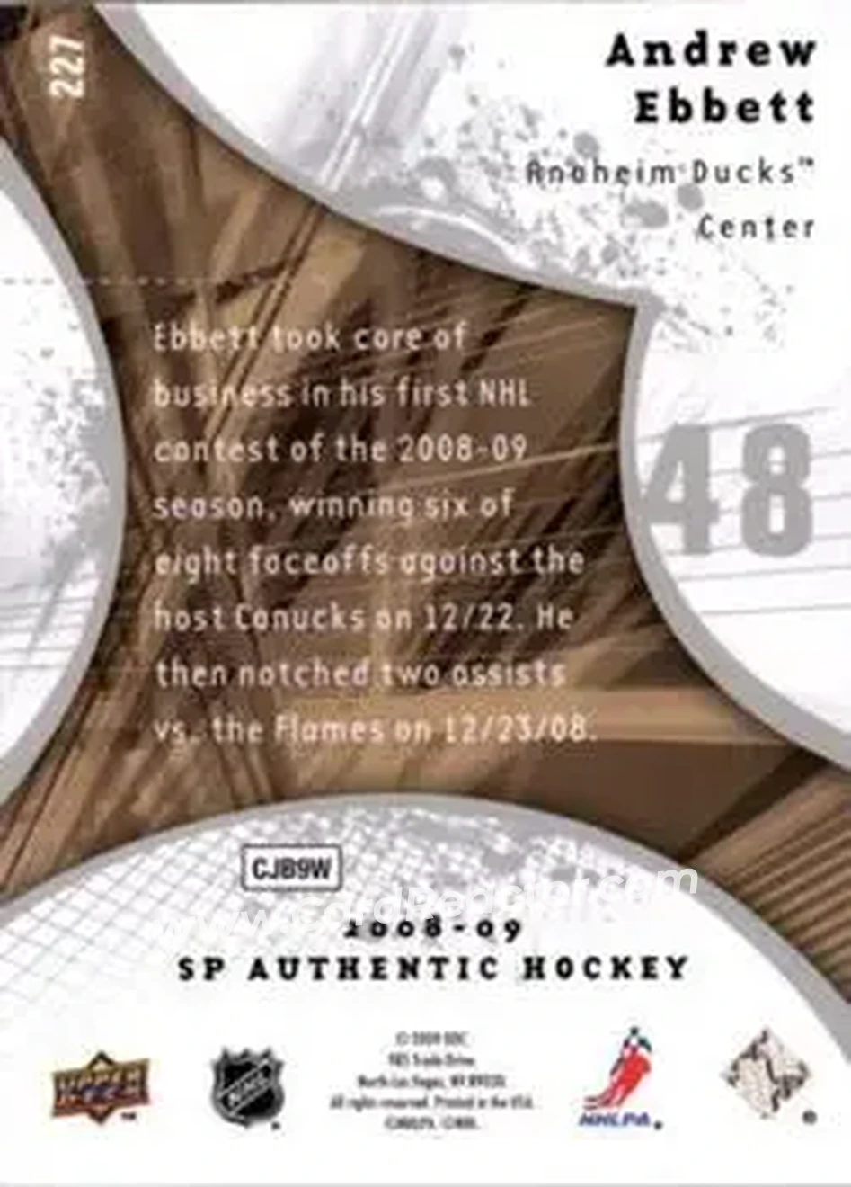 2008-09 SP Authentic #227 - Andrew Ebbett - Anaheim Ducks - Back