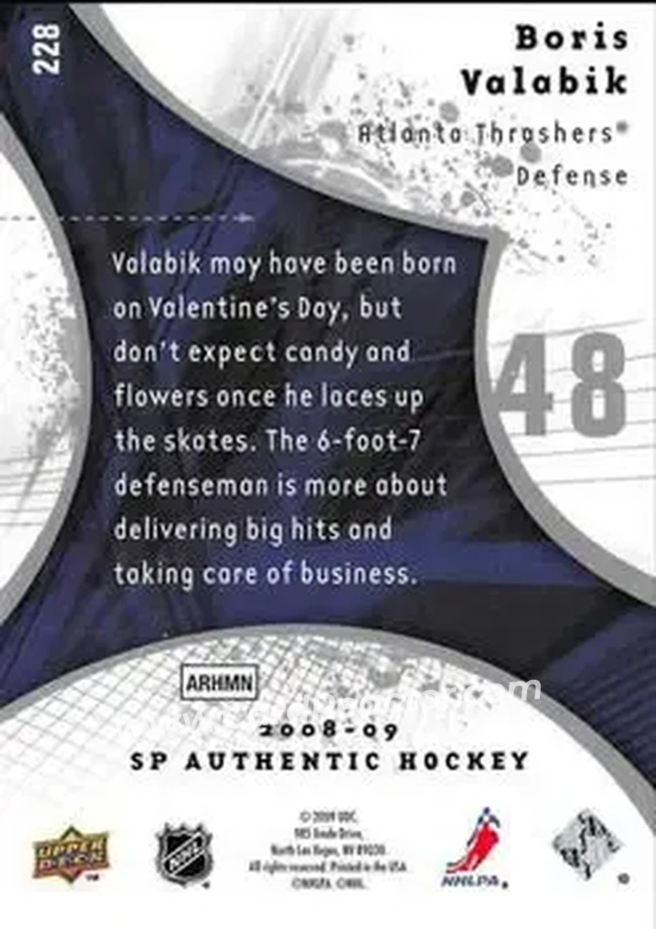 2008-09 SP Authentic #228 - Boris Valabik - Atlanta Thrashers - Back