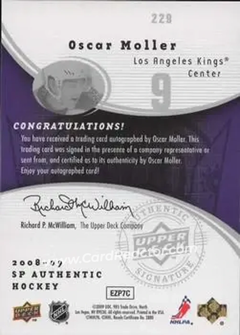 2008-09 SP Authentic #229 - Oscar Moller - Los Angeles Kings - Back 2008-09 SP Authentic #229 - Oscar Moller - Los Angeles Kings - Back
