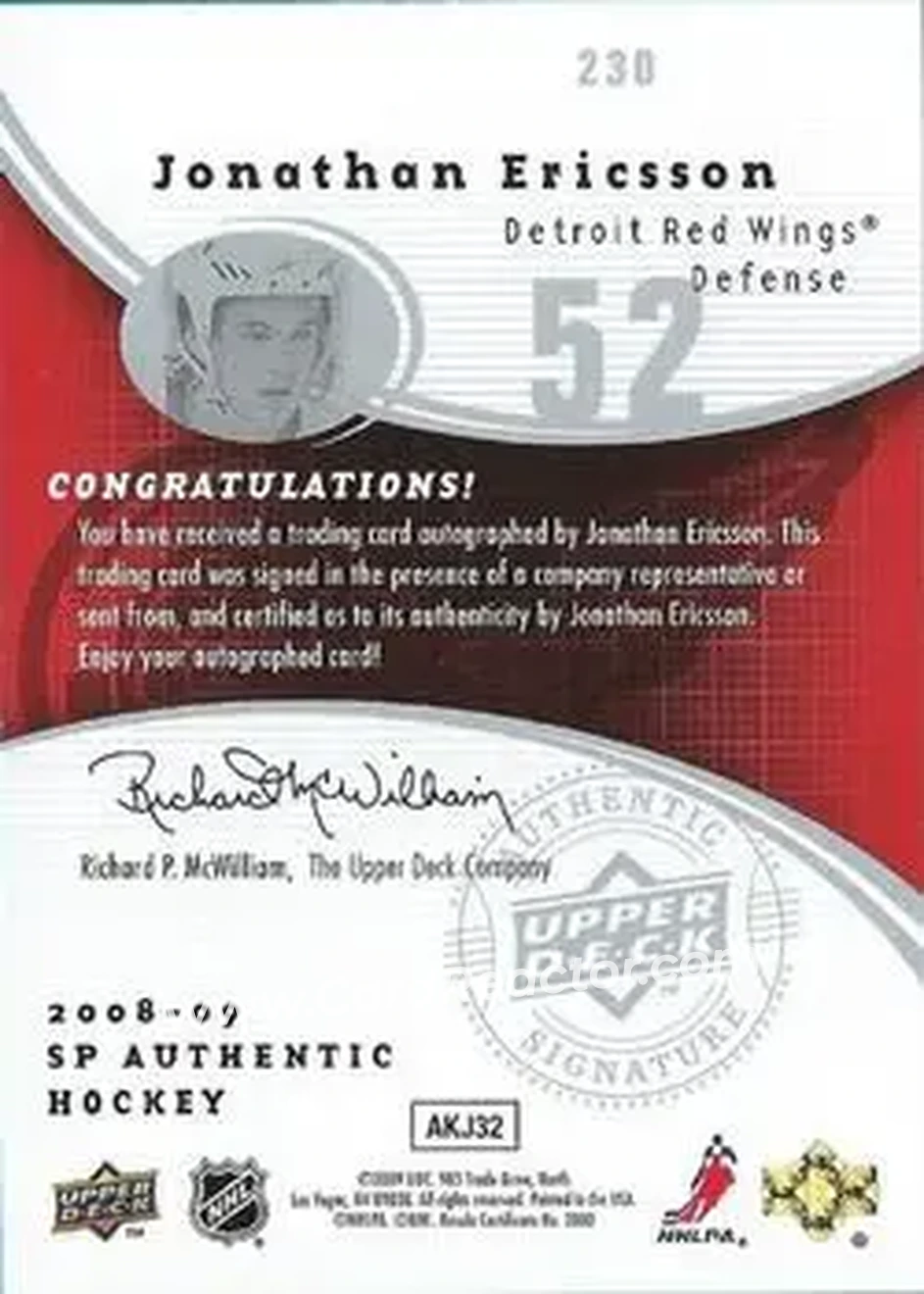 2008-09 SP Authentic #230 - Jonathan Ericsson - Detroit Red Wings - Back