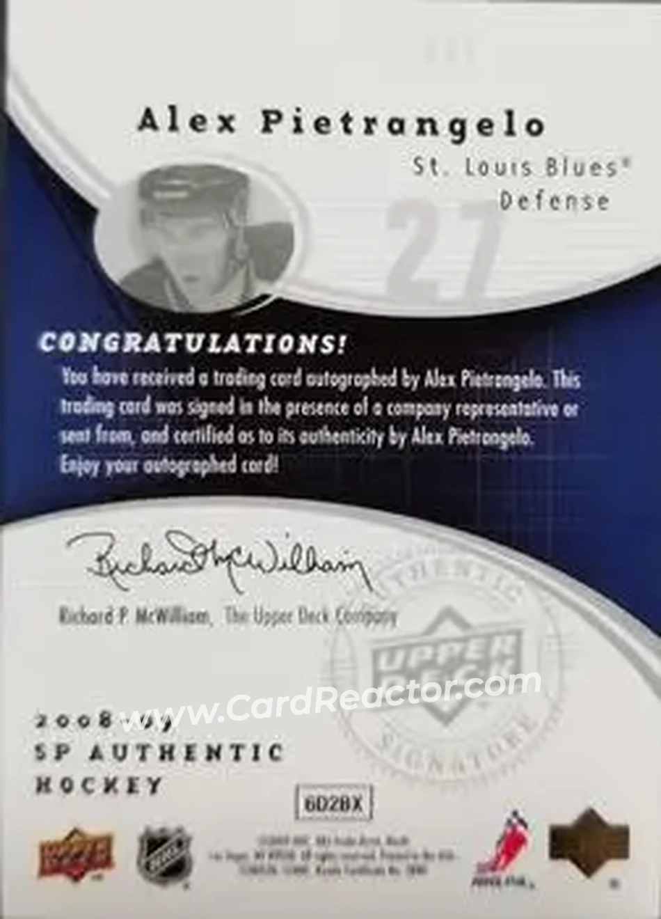 2008-09 SP Authentic #231 - Alex Pietrangelo - St. Louis Blues - Back 2008-09 SP Authentic #231 - Alex Pietrangelo - St. Louis Blues - Back