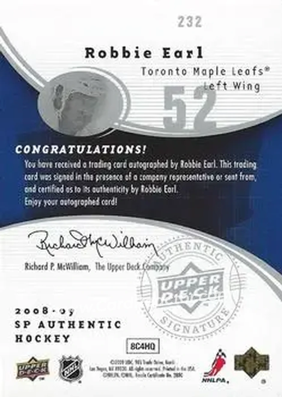 2008-09 SP Authentic #232 - Robbie Earl - Toronto Maple Leafs - Back