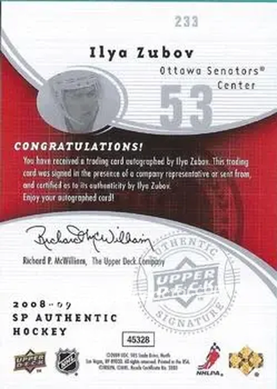 2008-09 SP Authentic #233 - Ilya Zubov - Ottawa Senators - Back