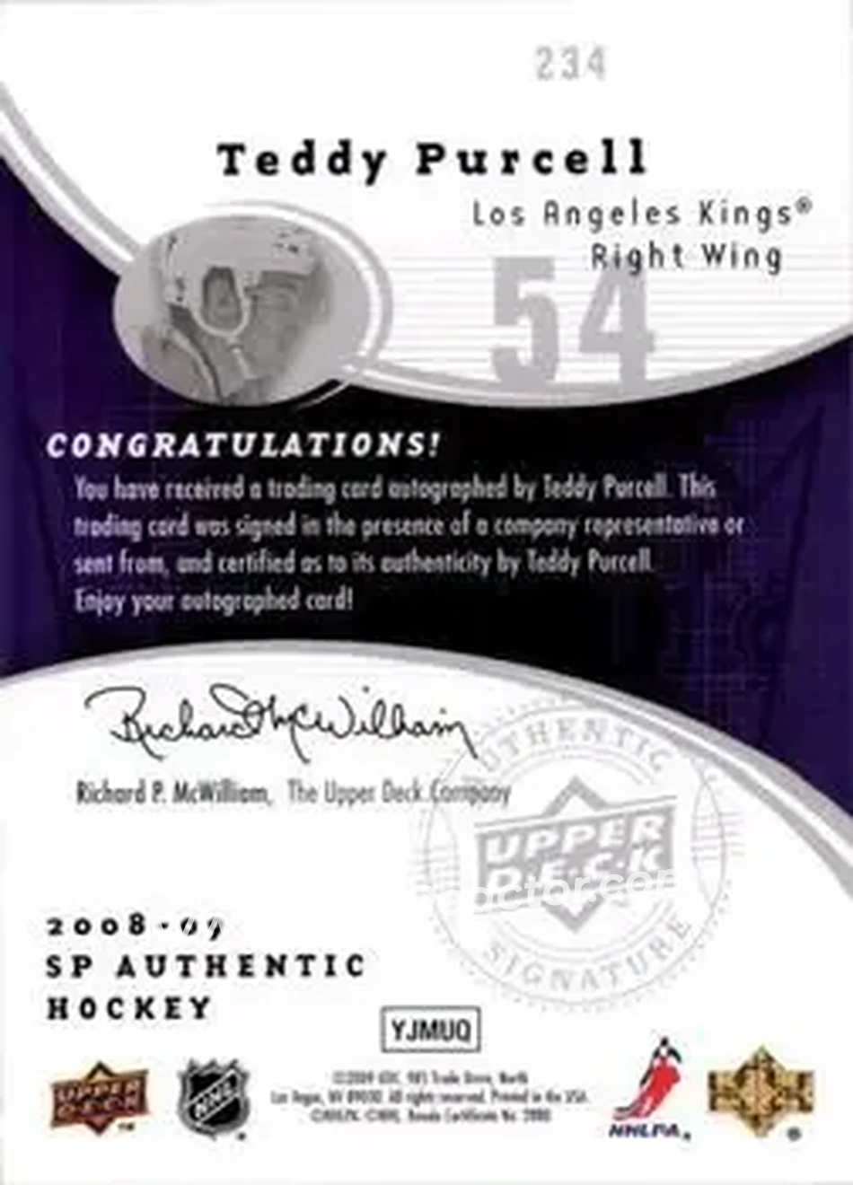 2008-09 SP Authentic #234 - Teddy Purcell - Los Angeles Kings - Back