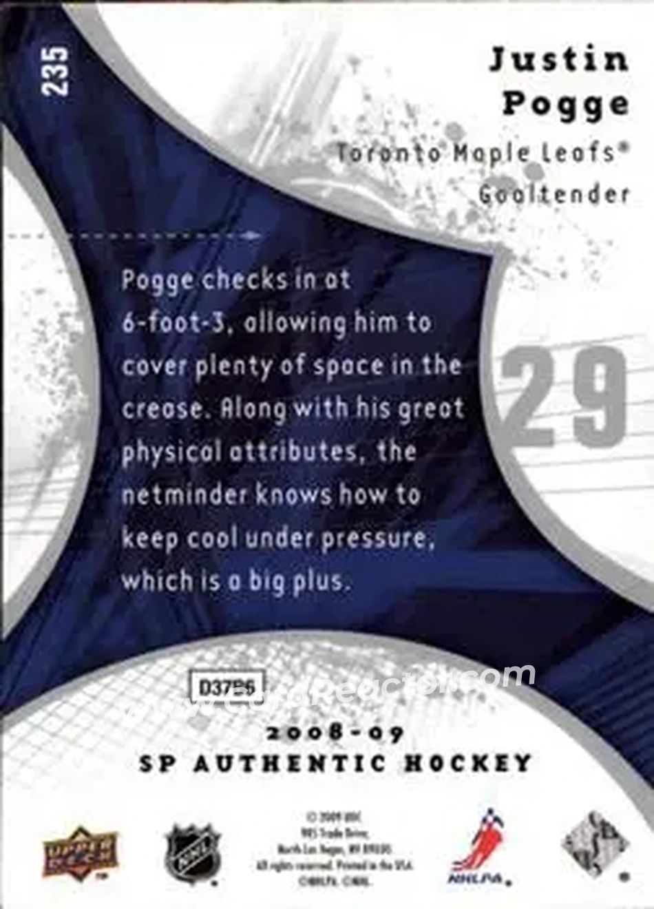 2008-09 SP Authentic #235 - Justin Pogge - Toronto Maple Leafs - Back