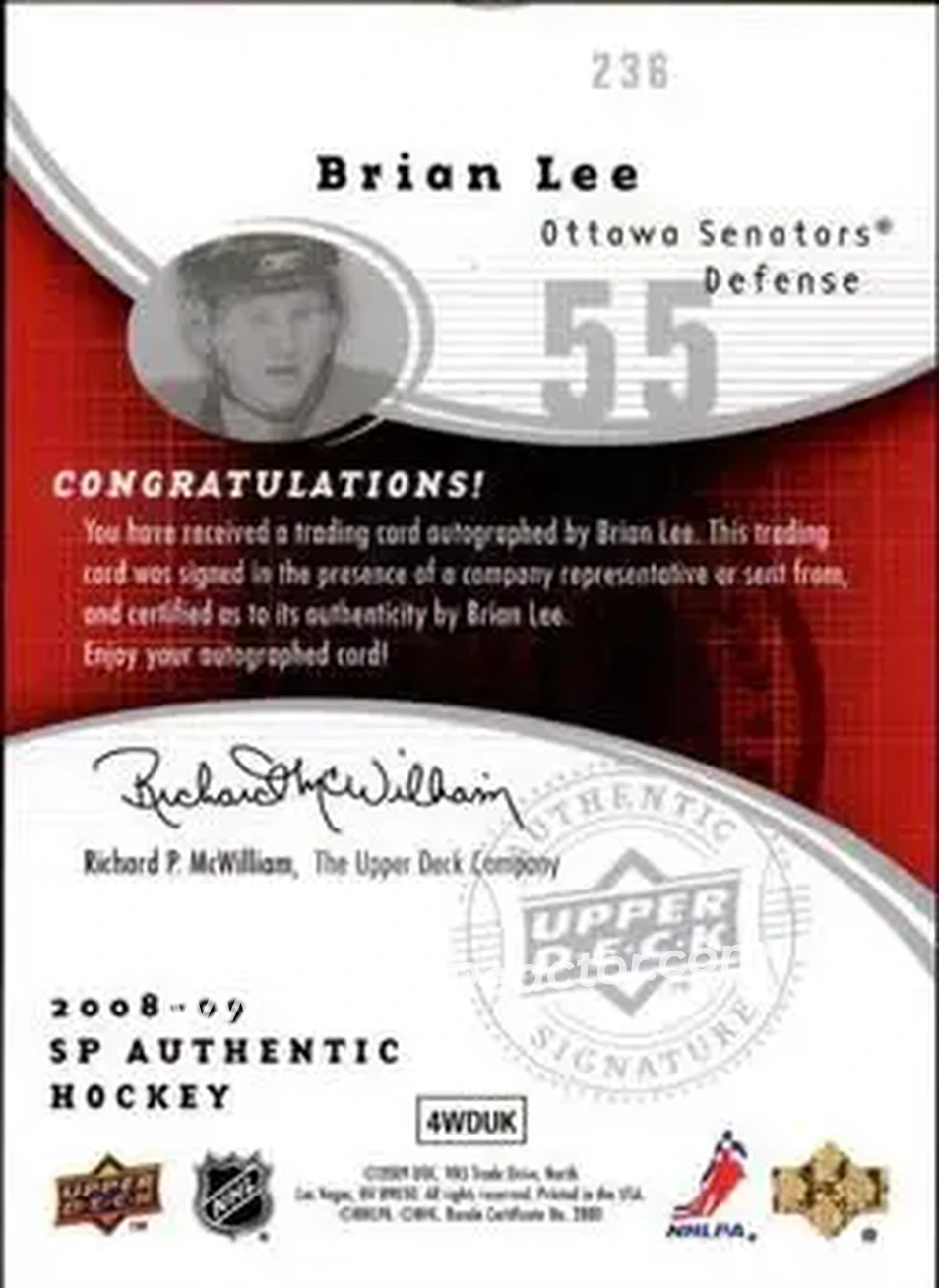 2008-09 SP Authentic #236 - Brian Lee - Ottawa Senators - Back 2008-09 SP Authentic #236 - Brian Lee - Ottawa Senators - Back