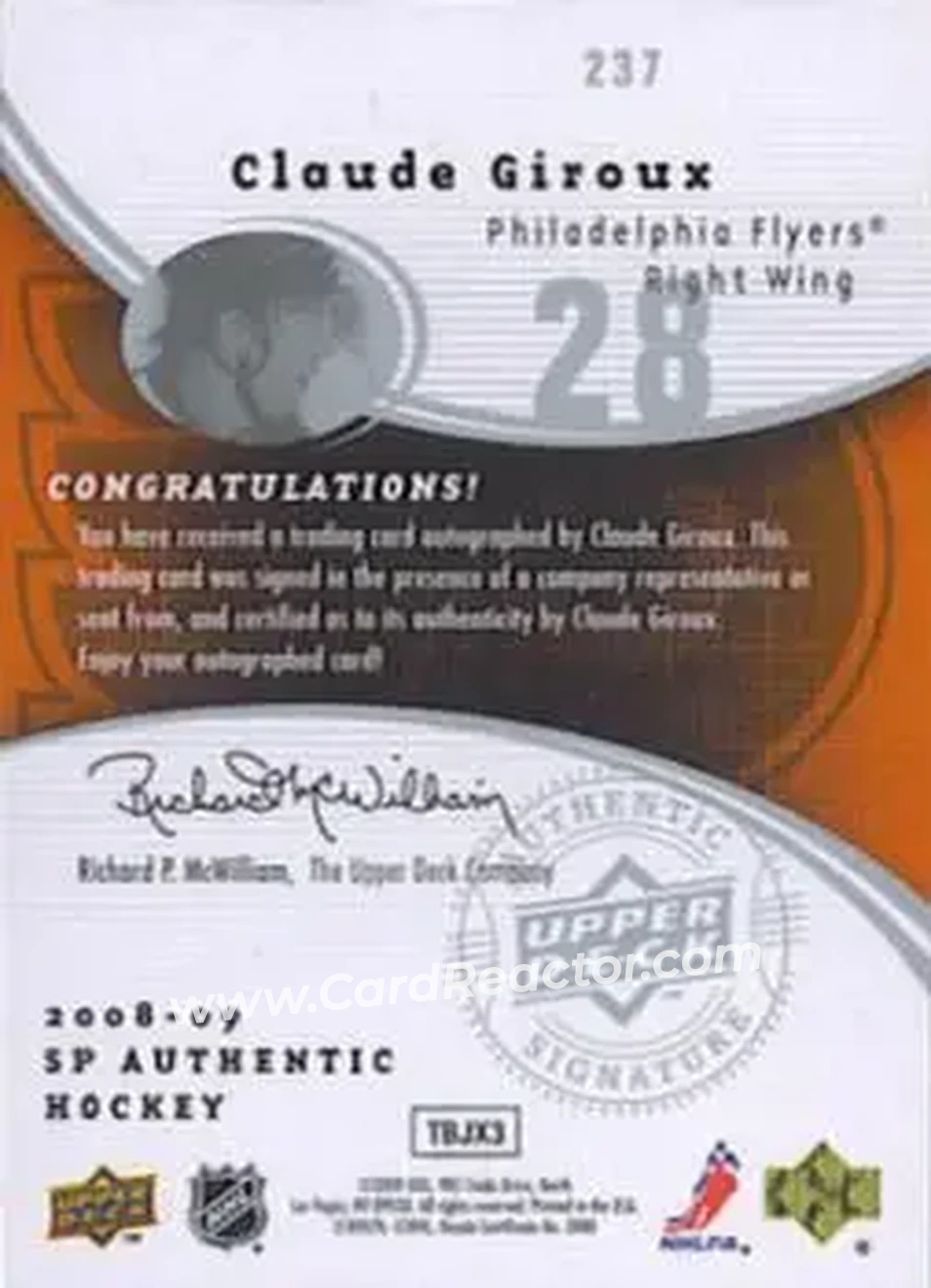 2008-09 SP Authentic #237 - Claude Giroux - Philadelphia Flyers - Back 2008-09 SP Authentic #237 - Claude Giroux - Philadelphia Flyers - Back
