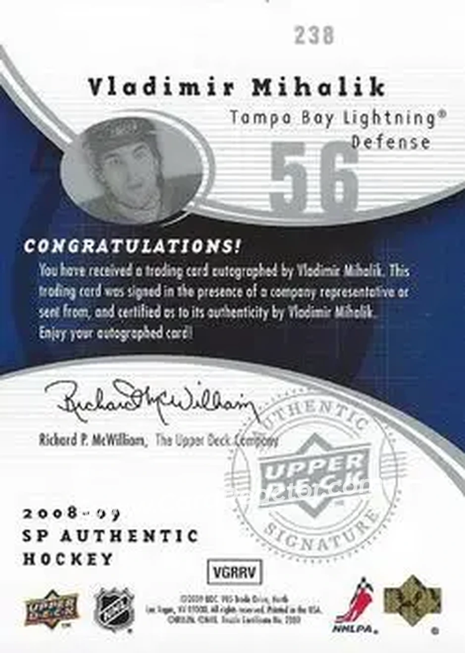 2008-09 SP Authentic #238 - Vladimir Mihalik - Tampa Bay Lightning - Back 2008-09 SP Authentic #238 - Vladimir Mihalik - Tampa Bay Lightning - Back