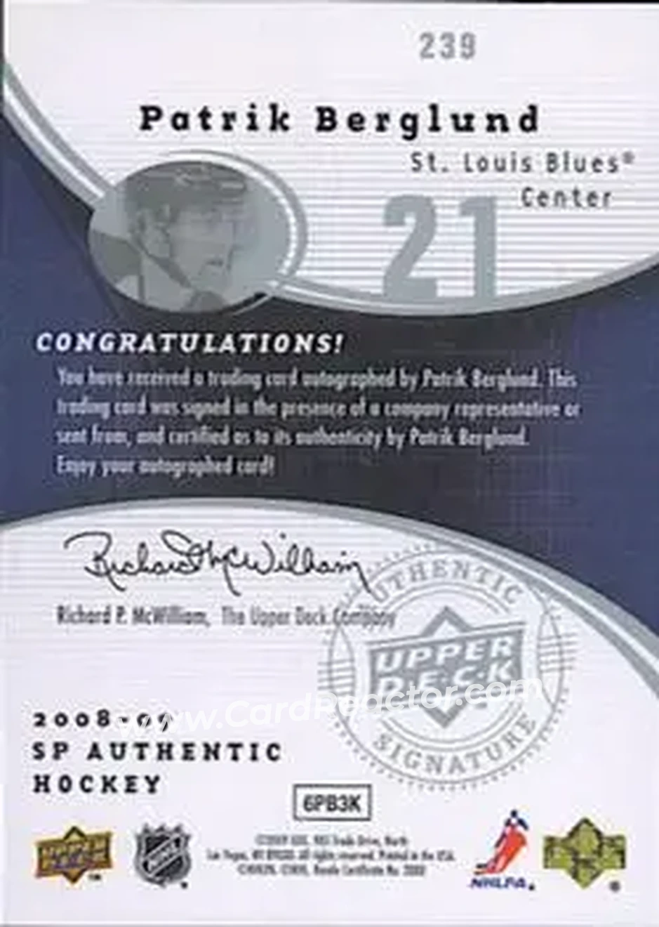 2008-09 SP Authentic #239 - Patrik Berglund - St. Louis Blues - Back 2008-09 SP Authentic #239 - Patrik Berglund - St. Louis Blues - Back