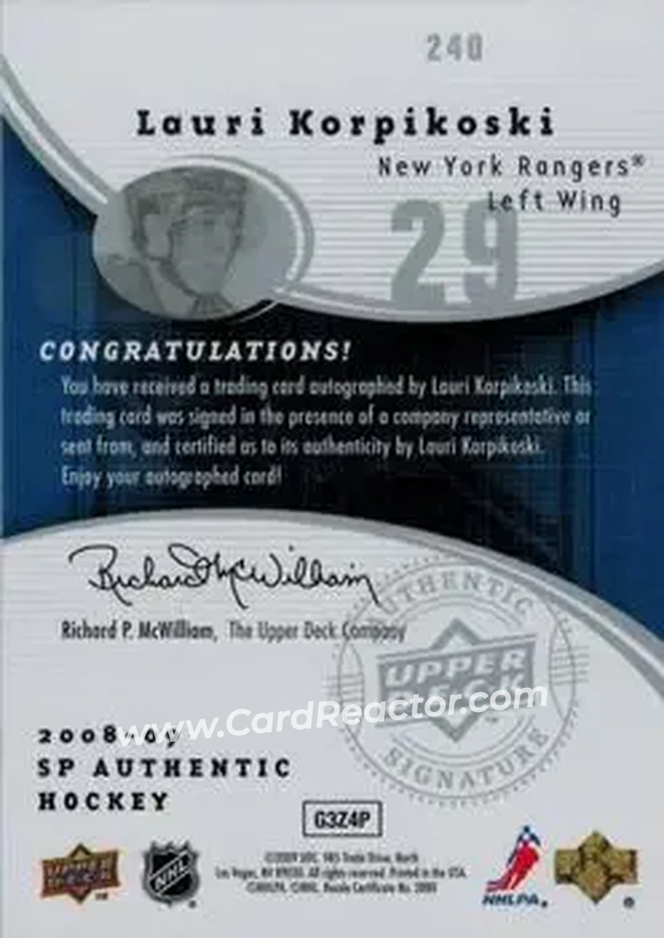 2008-09 SP Authentic #240 - Lauri Korpikoski - New York Rangers - Back 2008-09 SP Authentic #240 - Lauri Korpikoski - New York Rangers - Back