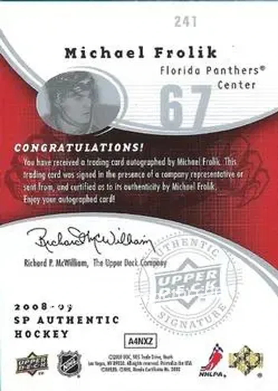 2008-09 SP Authentic #241 - Michael Frolik - Florida Panthers - Back