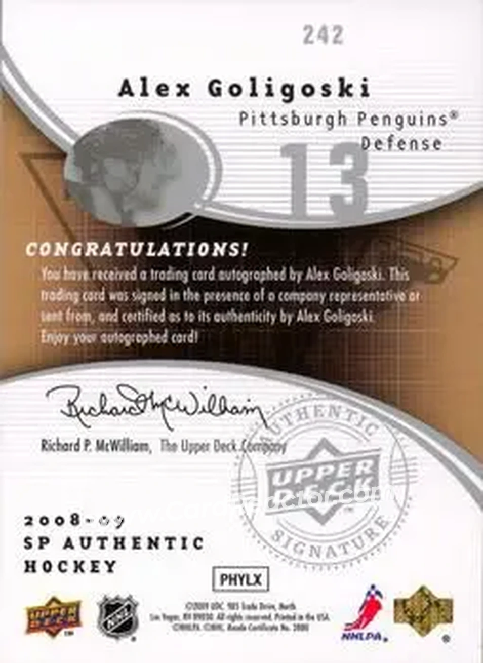 2008-09 SP Authentic #242 - Alex Goligoski - Pittsburgh Penguins - Back