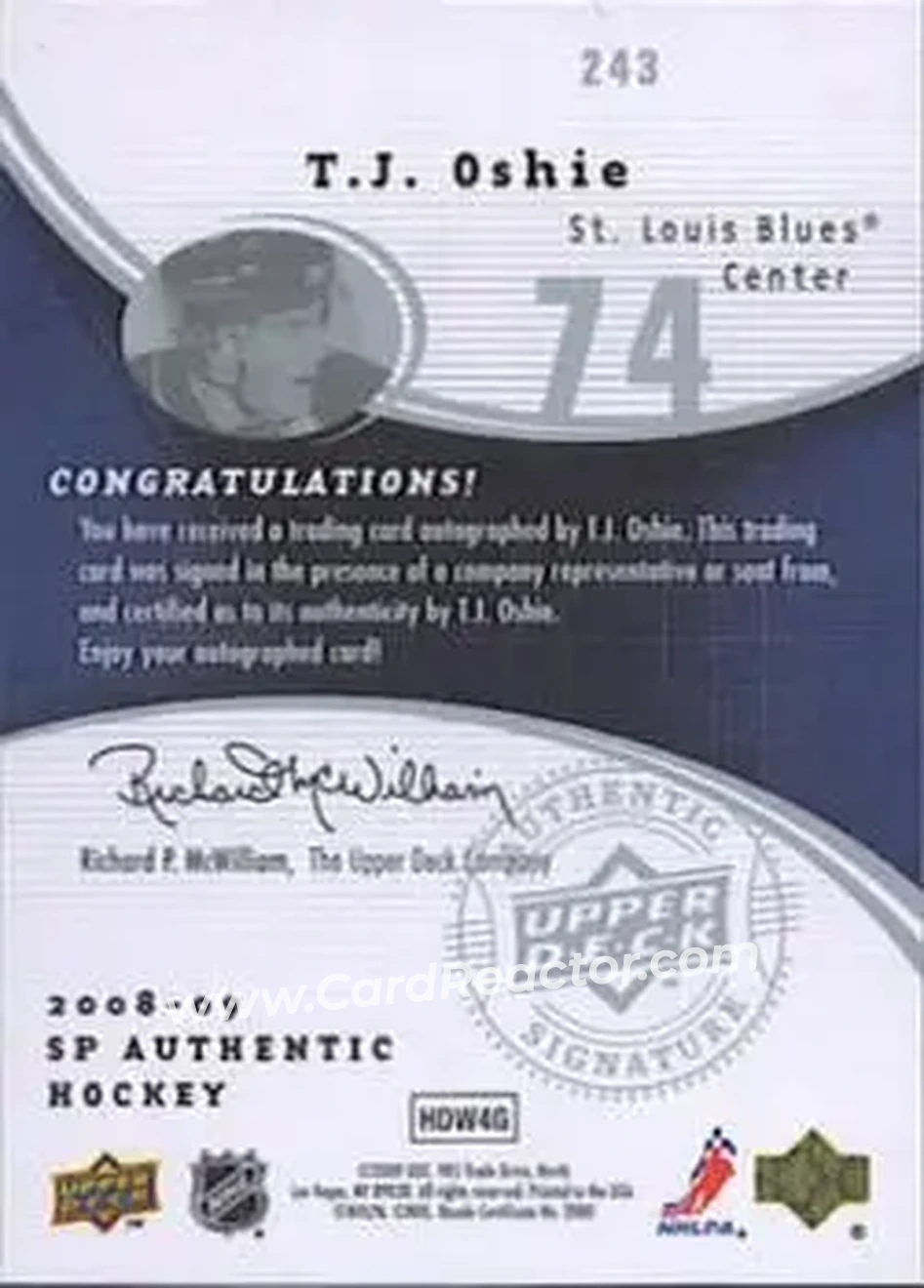2008-09 SP Authentic #243 - T.J. Oshie - St. Louis Blues - Back 2008-09 SP Authentic #243 - T.J. Oshie - St. Louis Blues - Back