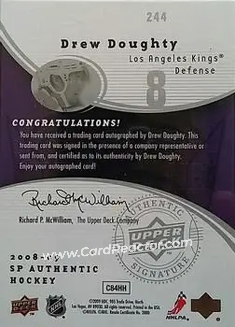 2008-09 SP Authentic #244 - Drew Doughty - Los Angeles Kings - Back