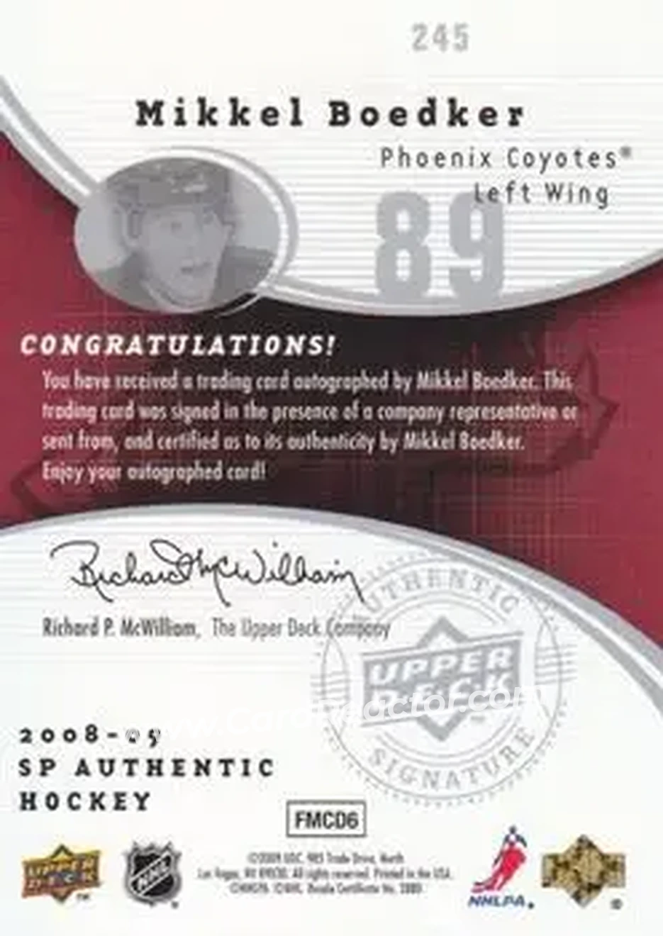 2008-09 SP Authentic #245 - Mikkel Boedker - Phoenix Coyotes - Back