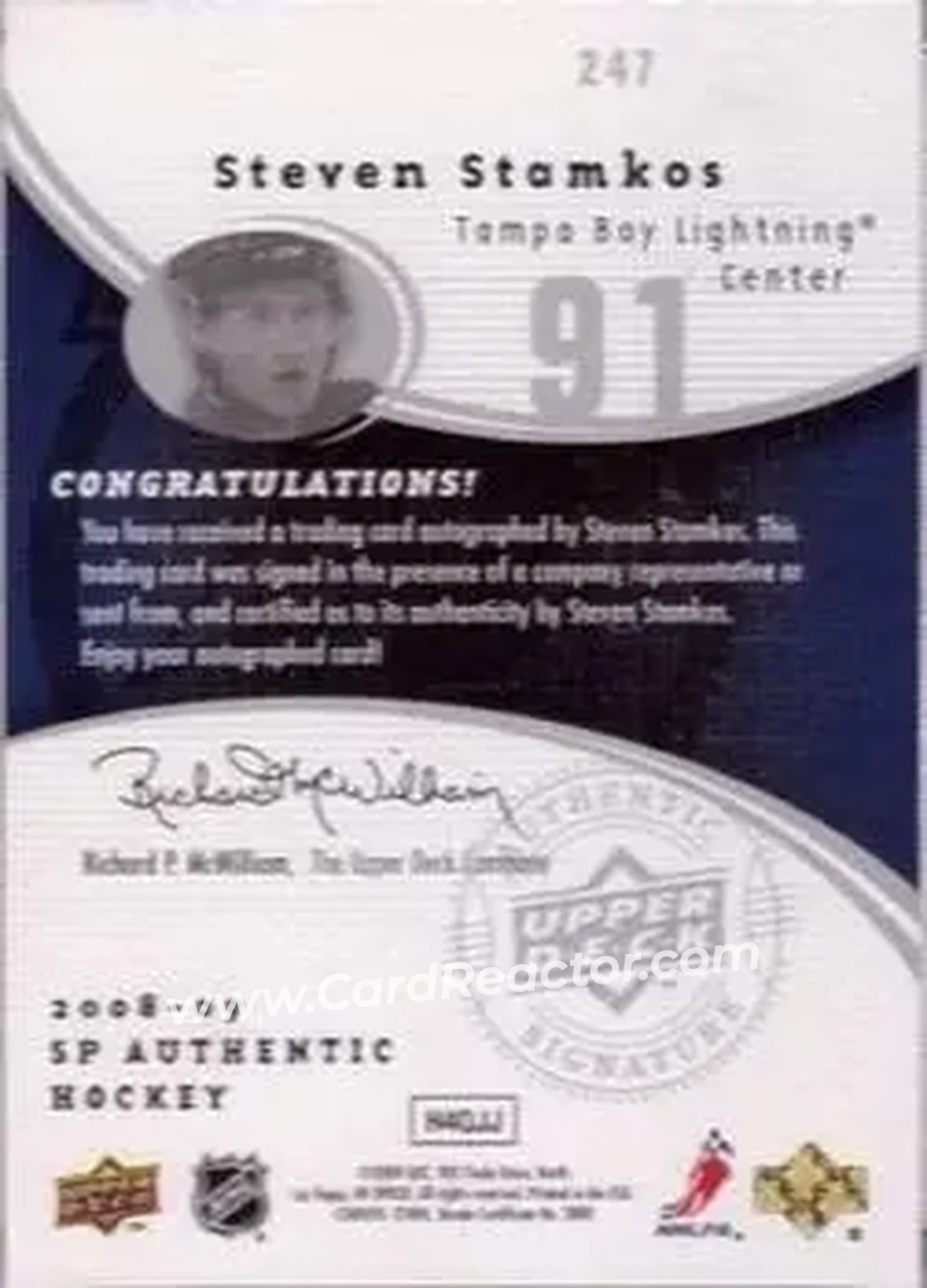 2008-09 SP Authentic #247 - Steven Stamkos - Tampa Bay Lightning - Back