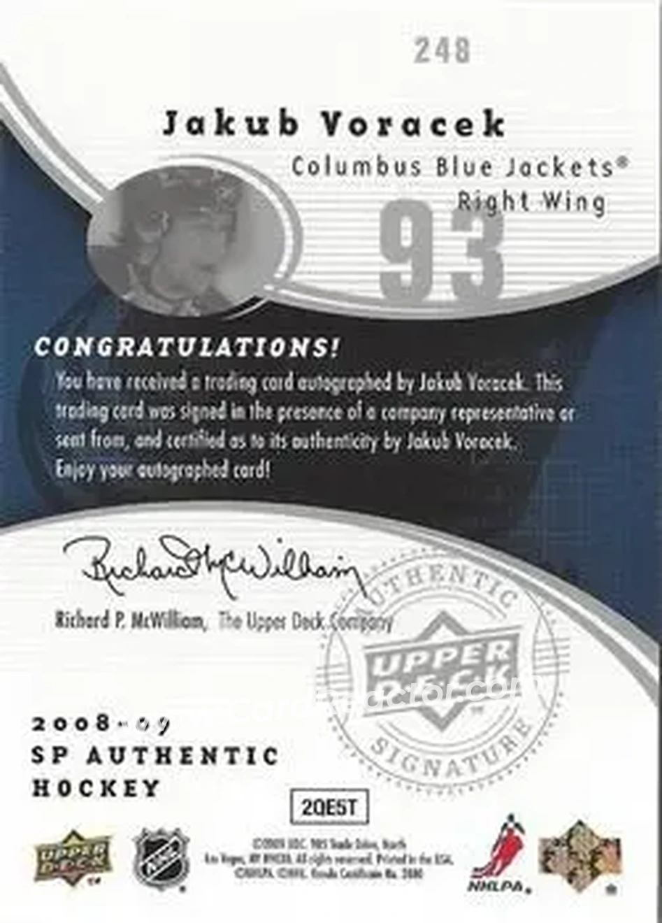 2008-09 SP Authentic #248 - Jakub Voracek - Columbus Blue Jackets - Back 2008-09 SP Authentic #248 - Jakub Voracek - Columbus Blue Jackets - Back
