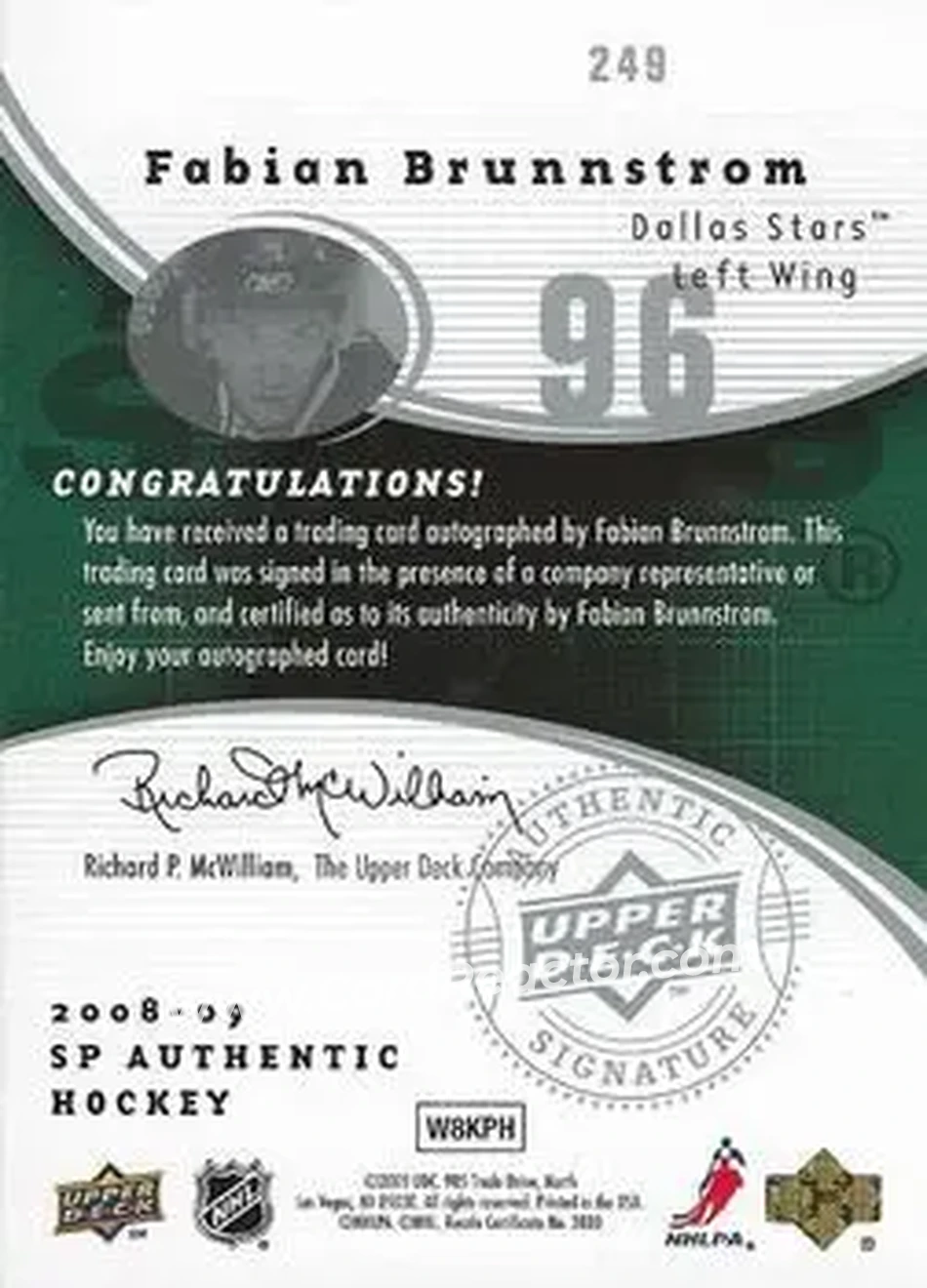 2008-09 SP Authentic #249 - Fabian Brunnstrom - Dallas Stars - Back
