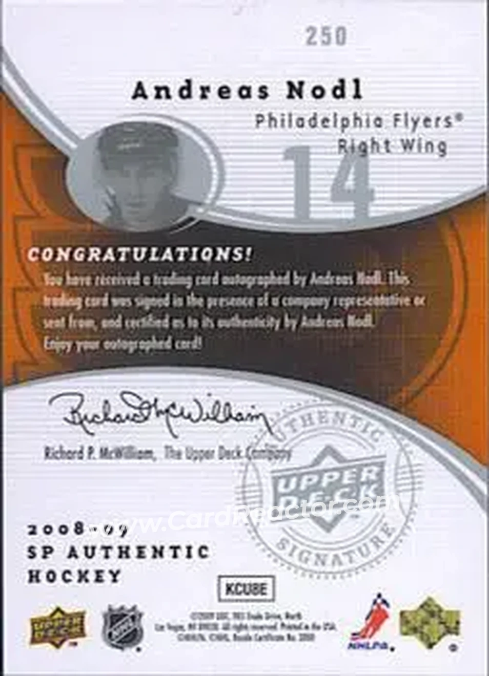2008-09 SP Authentic #250 - Andreas Nodl - Philadelphia Flyers - Back