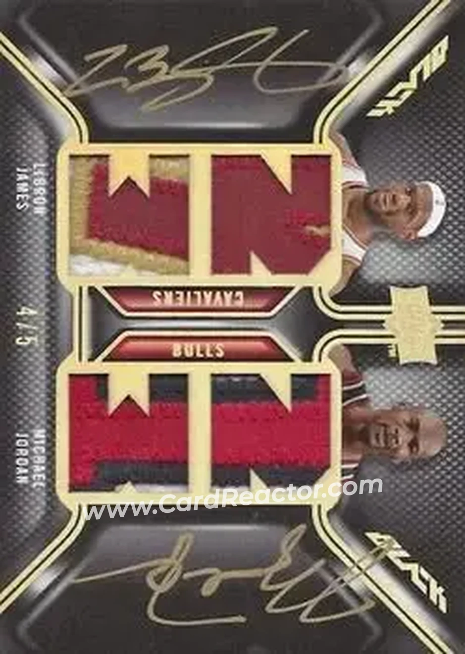 2008-09 UD Black - Dual Patch Autographs #DPA-JJ - Michael Jordan - LeBron James AU, MEM, SN15 - Chicago Bulls - Cleveland Cavaliers - Front 2008-09 UD Black - Dual Patch Autographs #DPA-JJ - Michael Jordan - LeBron James AU, MEM, SN15 - Chicago Bulls - Cleveland Cavaliers - Front