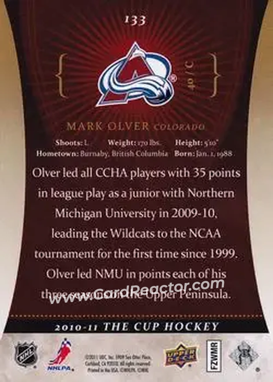 2010-11 Upper Deck The Cup - Gold #133 - Mark Olver - Colorado Avalanche - Back 2010-11 Upper Deck The Cup - Gold #133 - Mark Olver - Colorado Avalanche - Back