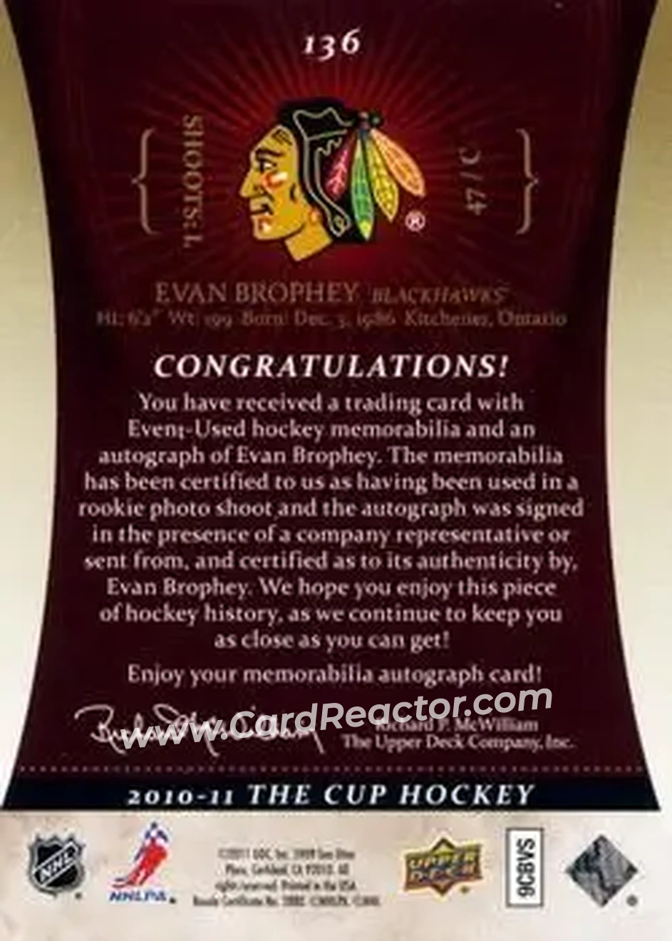 2010-11 Upper Deck The Cup - Gold #136 - Evan Brophey - Chicago Blackhawks - Back 2010-11 Upper Deck The Cup - Gold #136 - Evan Brophey - Chicago Blackhawks - Back