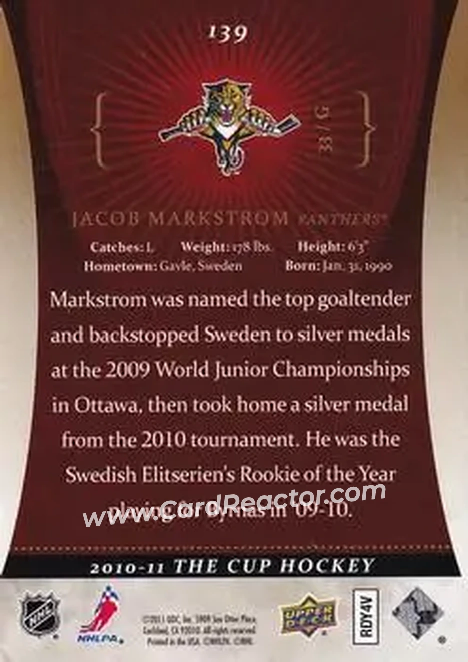 2010-11 Upper Deck The Cup - Gold #139 - Jacob Markstrom - Florida Panthers - Back 2010-11 Upper Deck The Cup - Gold #139 - Jacob Markstrom - Florida Panthers - Back