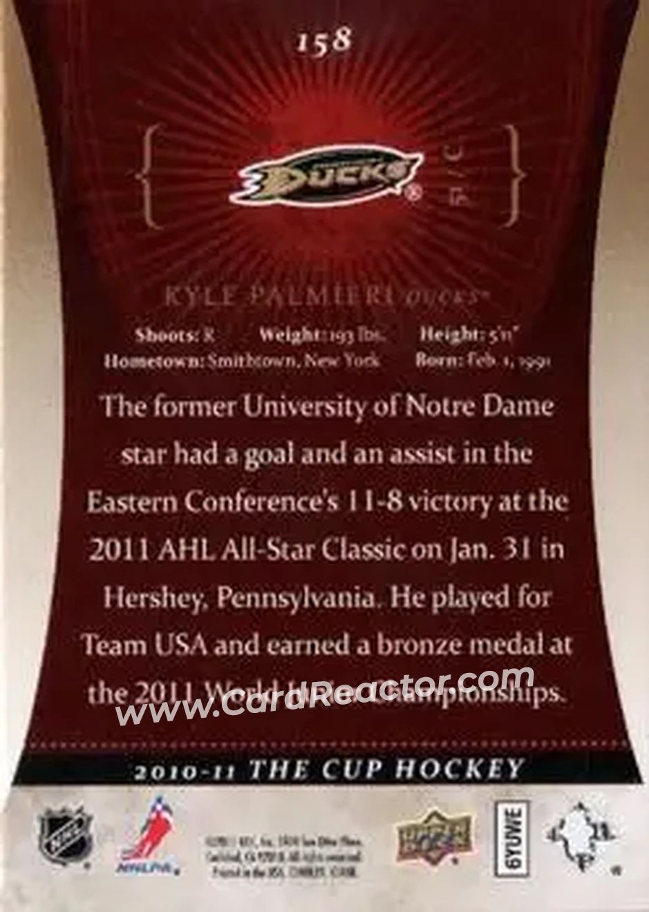 2010-11 Upper Deck The Cup - Gold #158 - Kyle Palmieri - Anaheim Ducks - Back