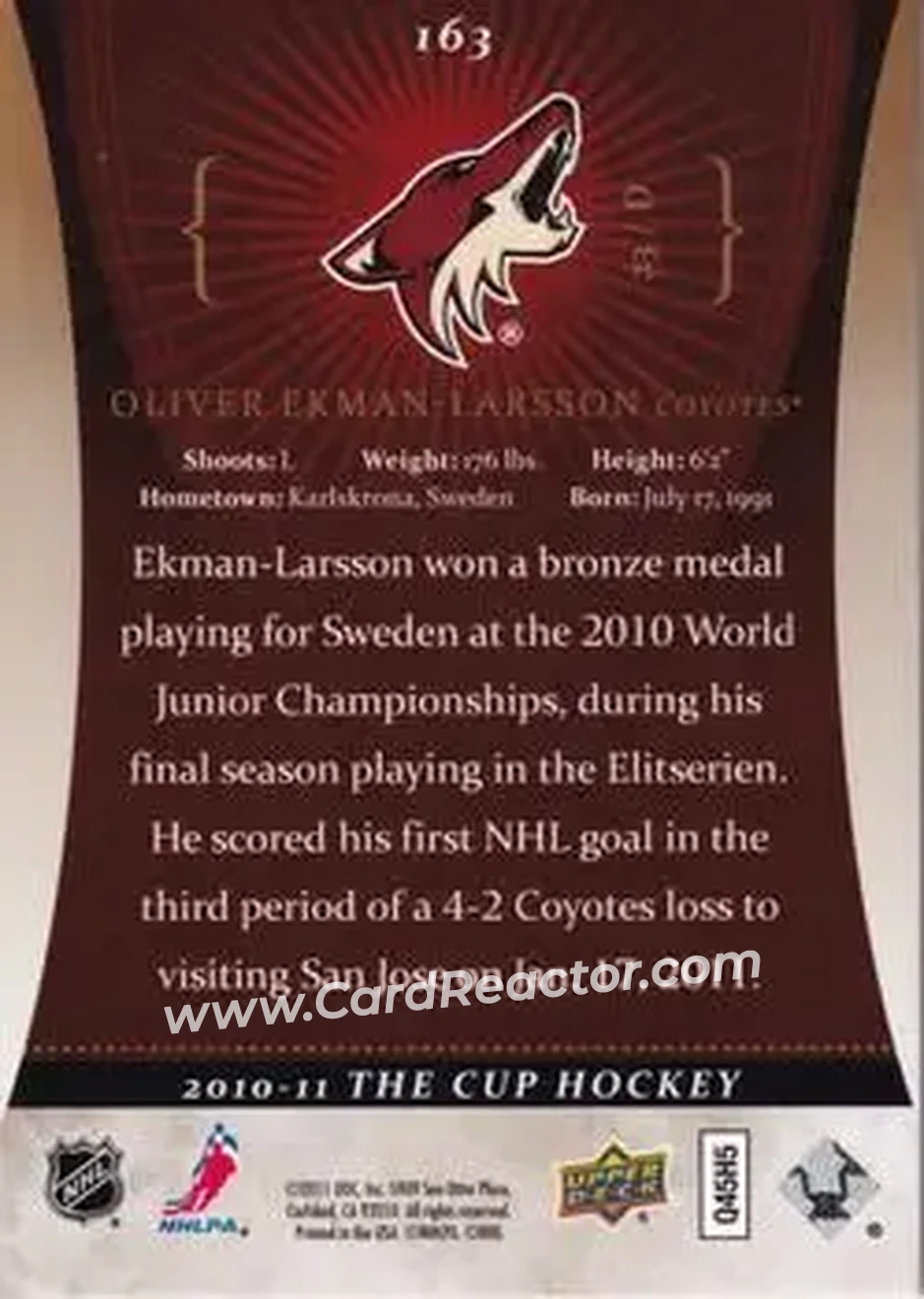 2010-11 Upper Deck The Cup - Gold #163 - Oliver Ekman-Larsson - Phoenix Coyotes - Back 2010-11 Upper Deck The Cup - Gold #163 - Oliver Ekman-Larsson - Phoenix Coyotes - Back