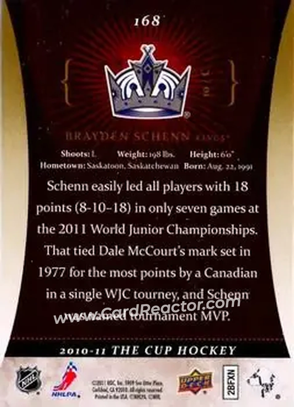 2010-11 Upper Deck The Cup - Gold #168 - Brayden Schenn - Los Angeles Kings - Back 2010-11 Upper Deck The Cup - Gold #168 - Brayden Schenn - Los Angeles Kings - Back