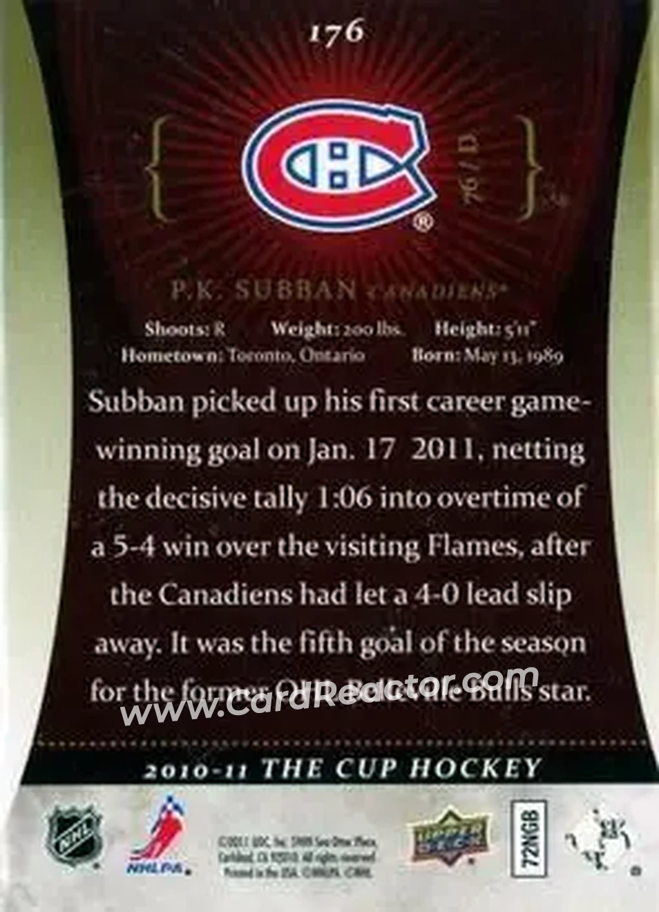 2010-11 Upper Deck The Cup - Gold #176 - P.K. Subban - Montreal Canadiens - Back