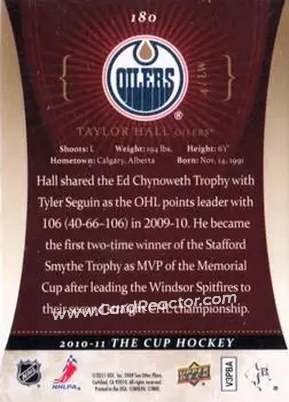 2010-11 Upper Deck The Cup - Gold #180 - Taylor Hall - Edmonton Oilers - Back 2010-11 Upper Deck The Cup - Gold #180 - Taylor Hall - Edmonton Oilers - Back