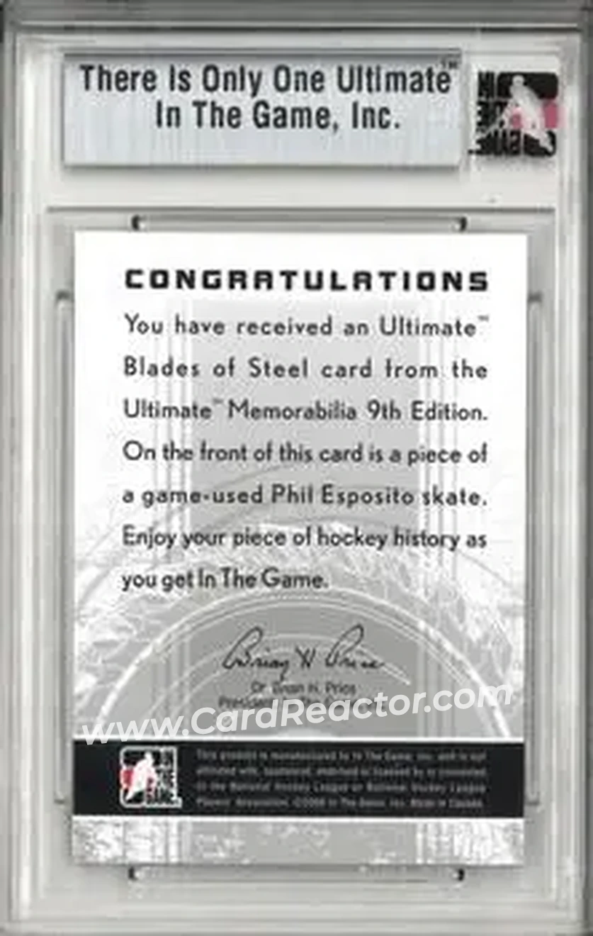 2008-09 In The Game Ultimate Memorabilia - Blades of Steel #NNO - Phil Esposito - Boston Bruins - Back 2008-09 In The Game Ultimate Memorabilia - Blades of Steel #NNO - Phil Esposito - Boston Bruins - Back